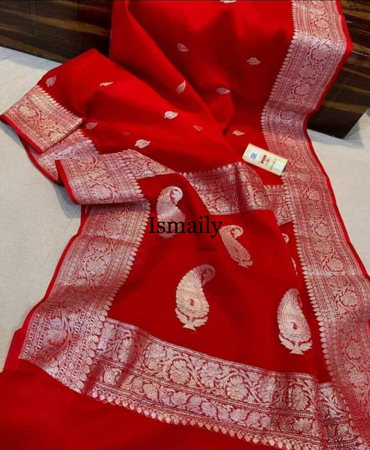 Crimson Banarasi Pure Khaddi Georgette Kadwa Saree