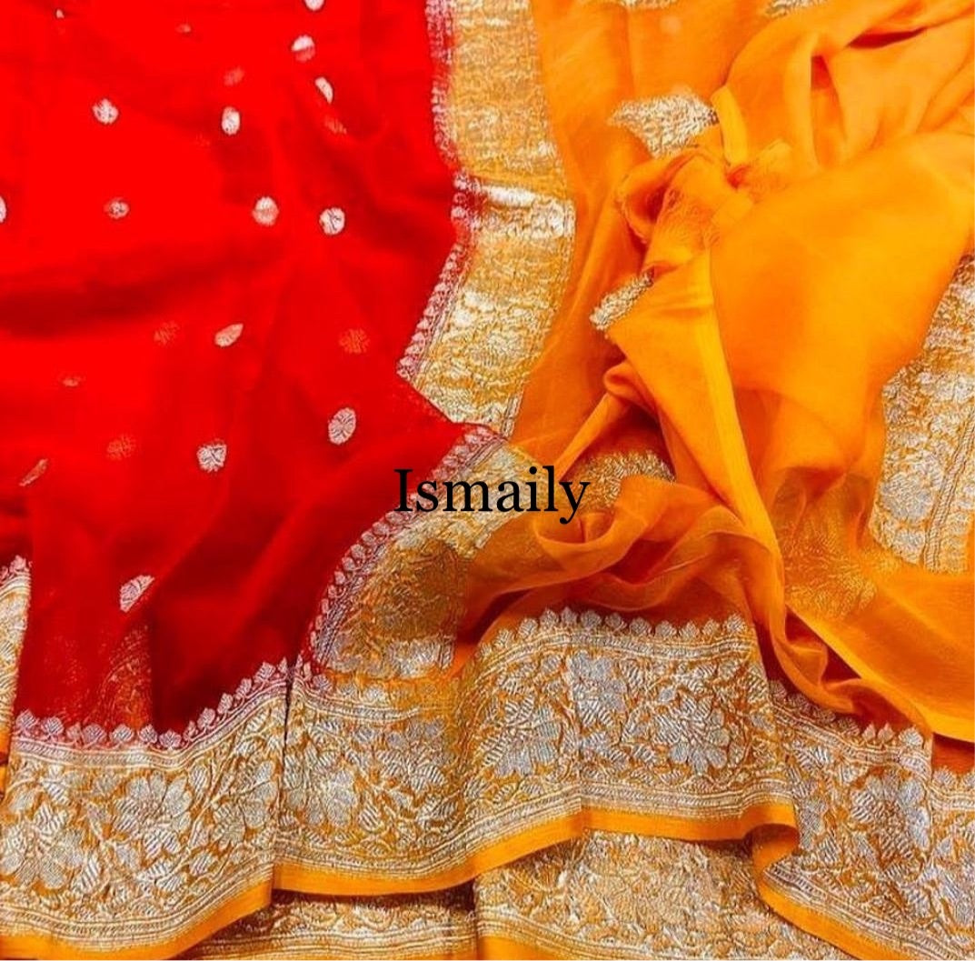 Scarlet Banarasi Pure Khaddi Georgette Kadwa Saree