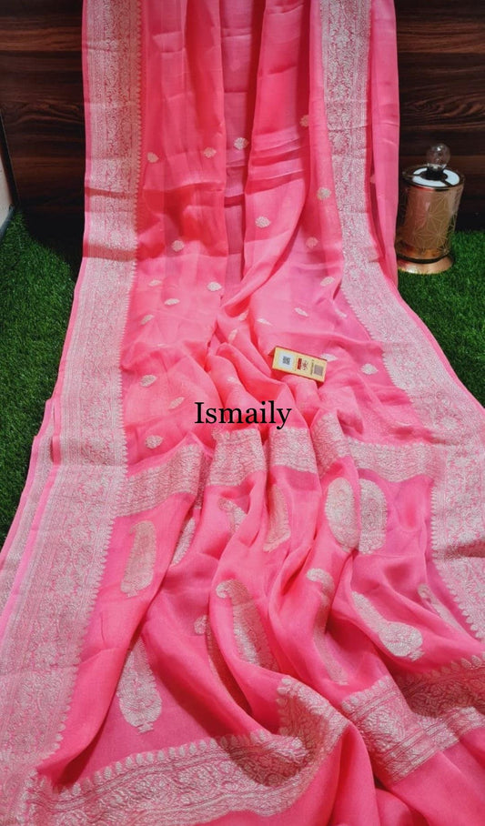 Pink Banarasi Pure Khaddi Georgette Kadwa Saree