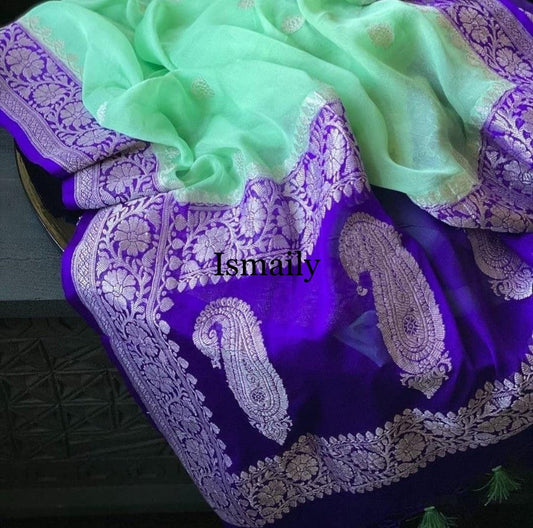 Mint Banarasi Pure Khaddi Georgette Kadwa Saree