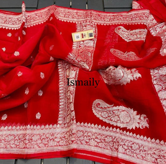 Crimson Banarasi Pure Khaddi Georgette Kadwa Saree