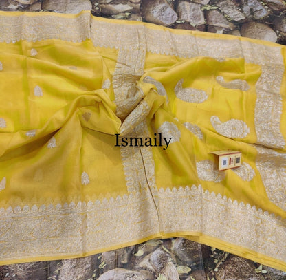 Yellow Banarasi Pure Khaddi Georgette Kadwa Saree