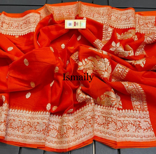 Scarlet Banarasi Pure Khaddi Georgette Kadwa Saree