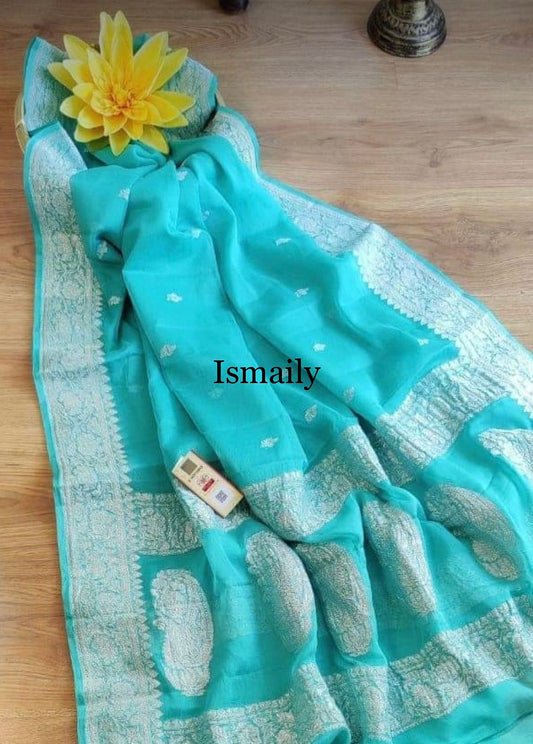 Turquoise Banarasi Pure Khaddi Georgette Kadwa Saree