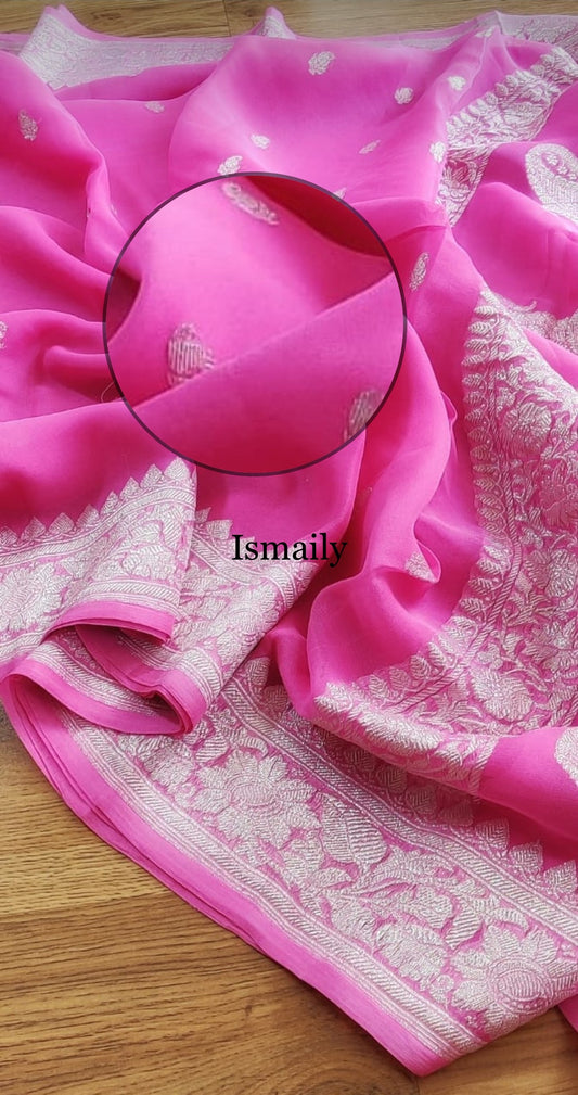 Fuscia Banarasi Pure Khaddi Georgette Kadwa Saree