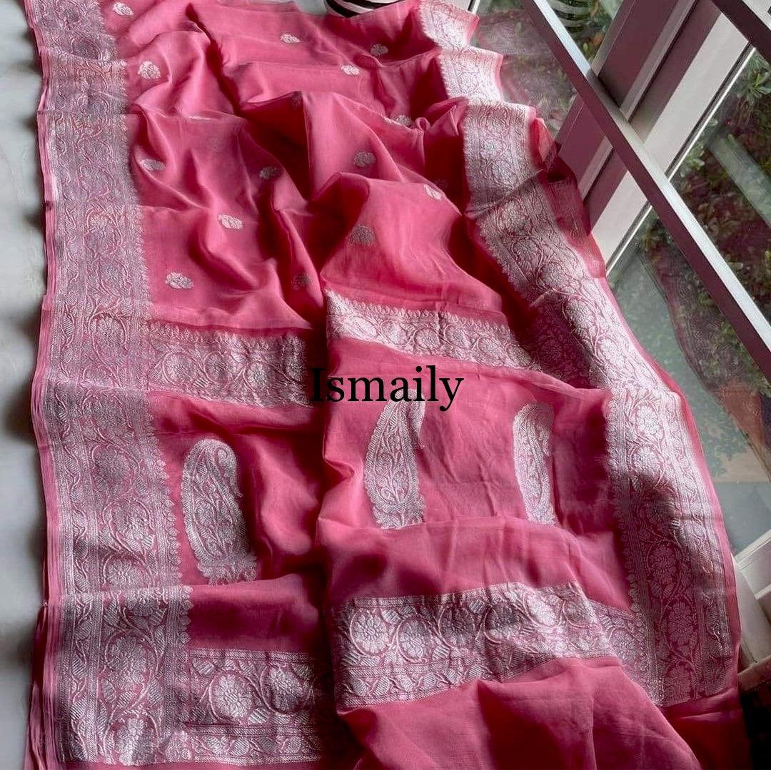 Pink Banarasi Pure Khaddi Georgette Kadwa Saree