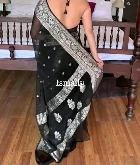 Black Banarasi Pure Khaddi Georgette Kadwa Saree