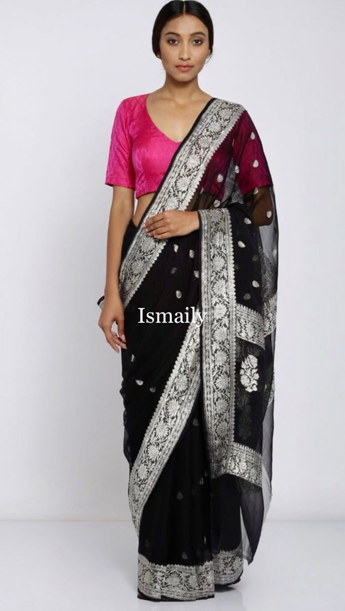 Black Banarasi Pure Khaddi Georgette Kadwa Saree