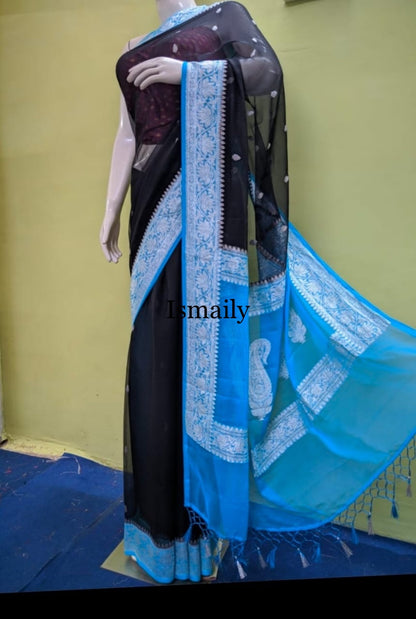 Black Banarasi Pure Khaddi Georgette Kadwa Saree