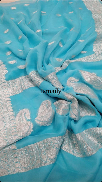 Blue Banarasi Pure Khaddi Georgette Kadwa Saree