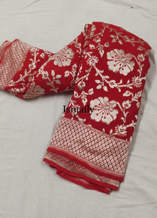 Carmine Banarasi Pure Khaddi Georgette Saree