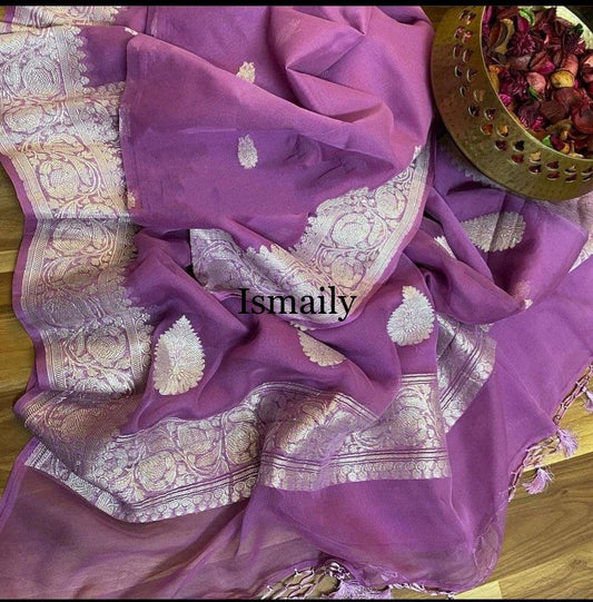 Mauve Banarasi Pure Khaddi Georgette Kadwa Saree