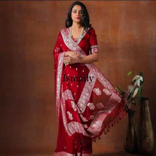 Maroon Banarasi Pure Khaddi Georgette Kadwa Saree