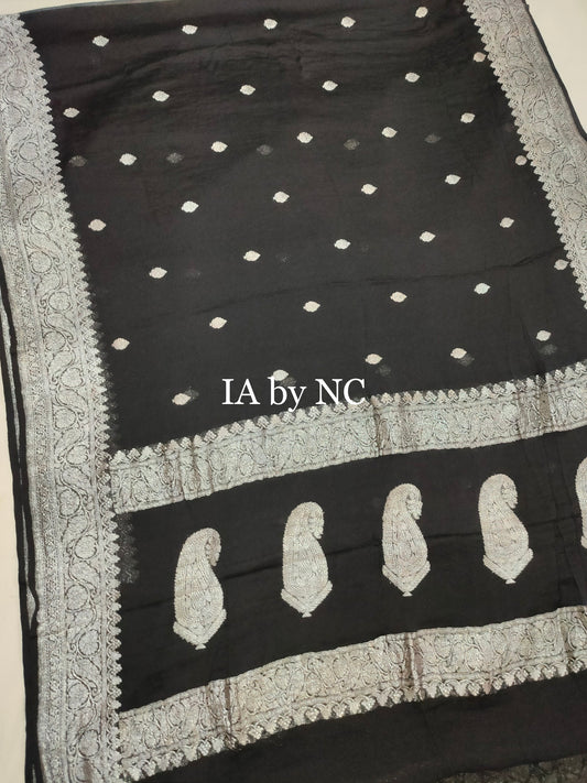 Black Banarasi Pure Khaddi Georgette Kadwa Saree