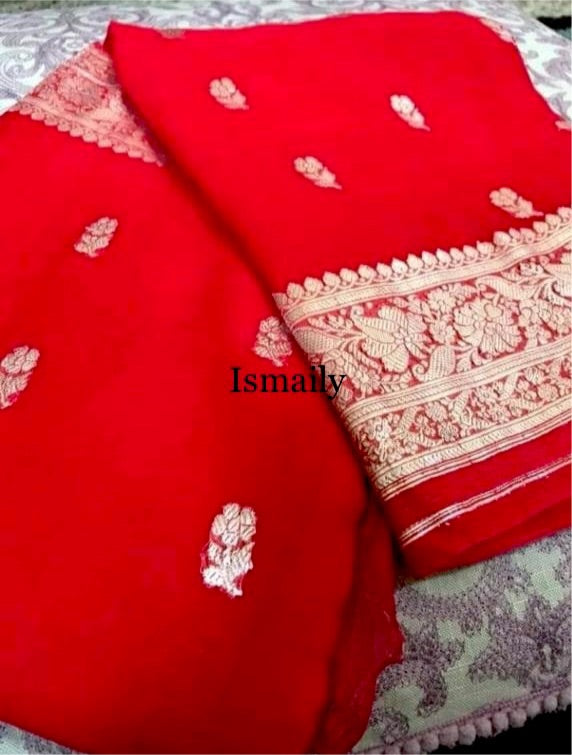 Red Banarasi Pure Khaddi Georgette Kadwa Saree