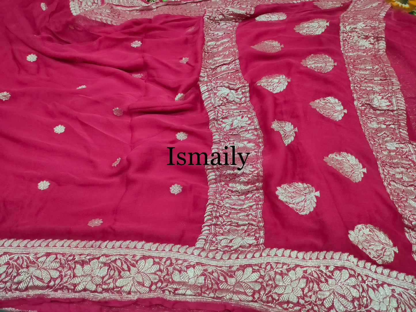 Cerise Banarasi Pure Khaddi Georgette Kadwa Saree