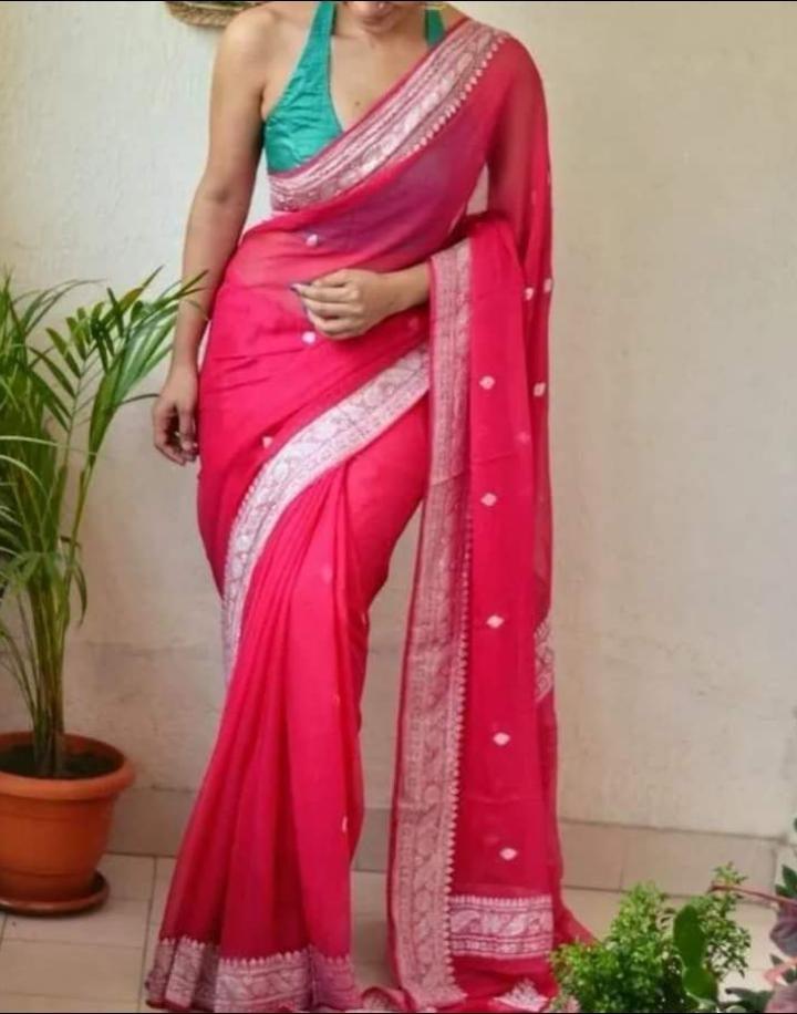 Cerise Banarasi Pure Khaddi Georgette Kadwa Saree