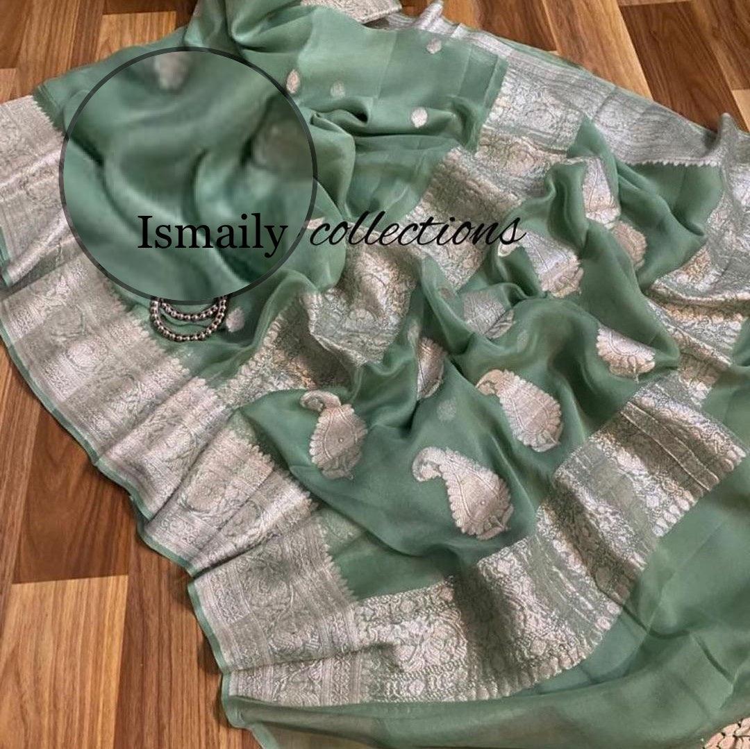 Dusty Banarasi Pure Khaddi Georgette Kadwa Saree