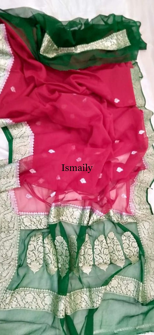 Cerise Banarasi Pure Khaddi Georgette Kadwa Saree