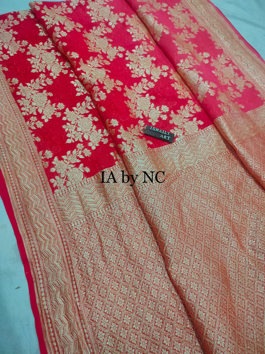 Crimson Banarasi Pure Khaddi Georgette Saree