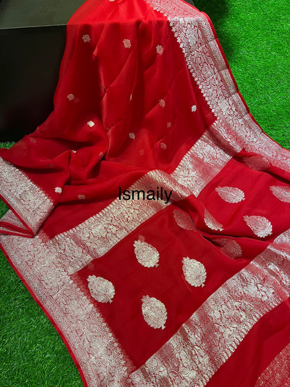 Crimson Banarasi Pure Khaddi Georgette Kadwa Saree