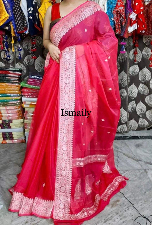 Raspberry Banarasi Pure Khaddi Georgette Kadwa Saree