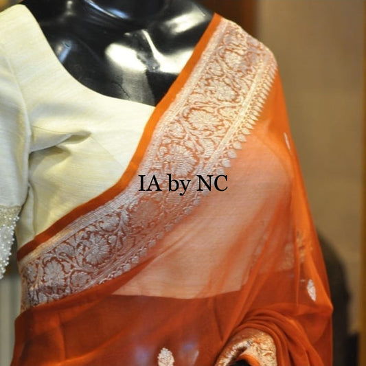 Rust Banarasi Pure Khaddi Georgette Kadwa Saree