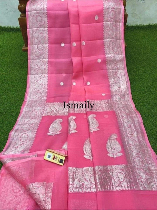 Pink Banarasi Pure Khaddi Georgette Kadwa Saree