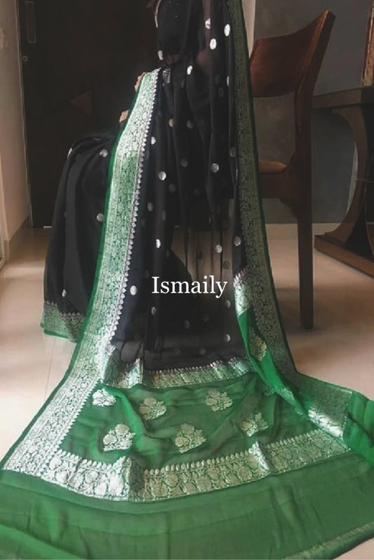 Black Banarasi Pure Khaddi Georgette Kadwa Saree