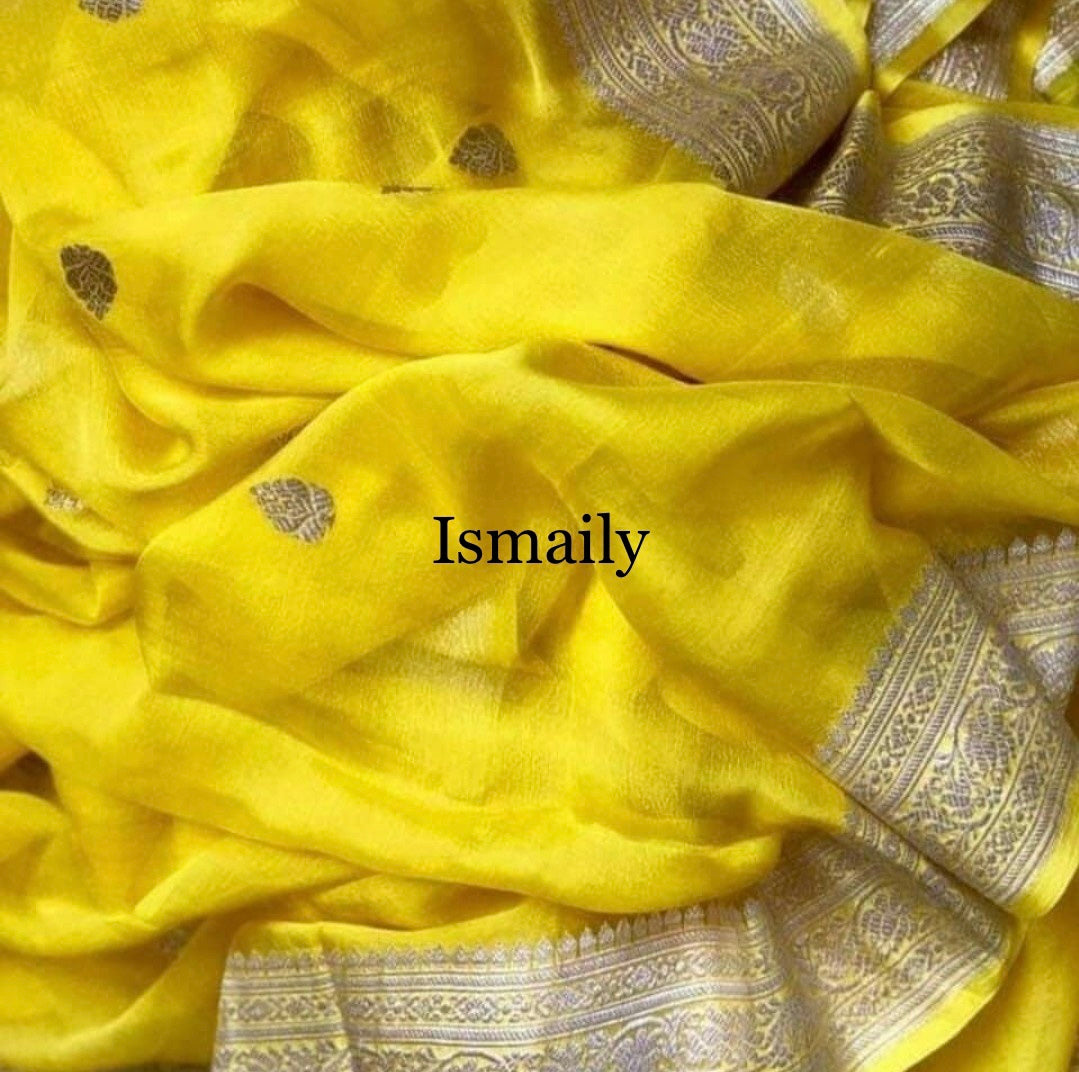 Yellow Banarasi Pure Khaddi Georgette Kadwa Saree