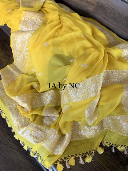 Yellow Banarasi Pure Khaddi Georgette Kadwa Saree