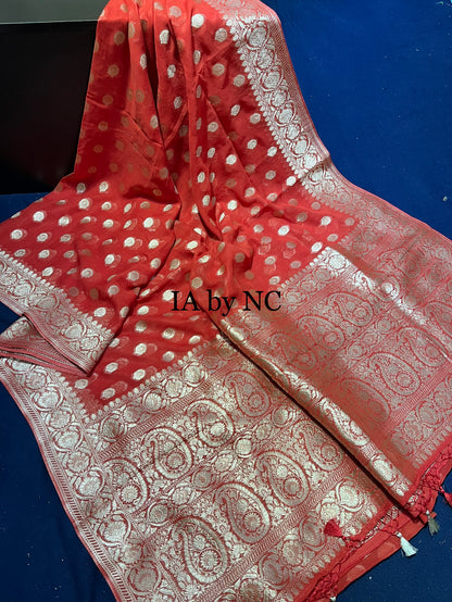 Scarlet Red Banarasi Pure Georgette Saree