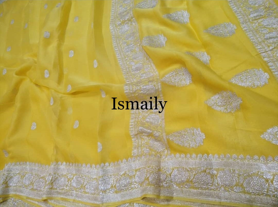 Yellow Banarasi Pure Khaddi Georgette Kadwa Saree