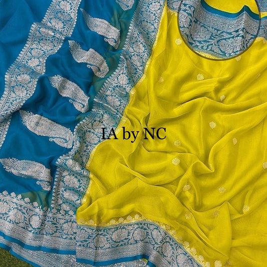 Lemon Banarasi Pure Khaddi Georgette Kadwa Saree