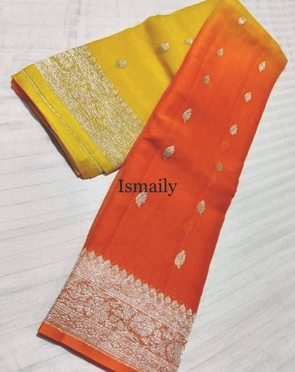 Pumpkin Banarasi Pure Khaddi Georgette Kadwa Saree