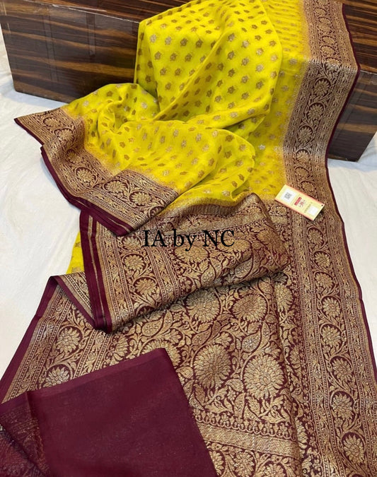 Yellow Banarasi Pure Khaddi Georgette Saree