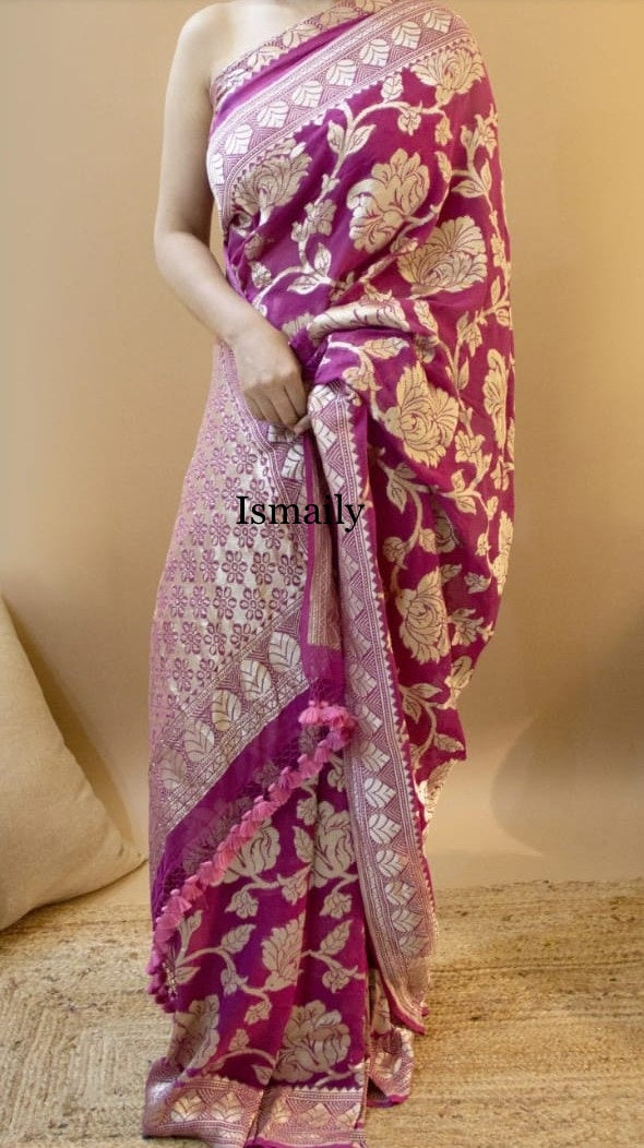 Zynah Pure Khaddi Georgette Banarasi Woven Saree with hand brush dying –  ZynahDesign