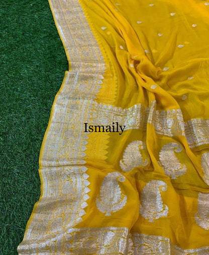 Yellow Banarasi Pure Khaddi Georgette Kadwa Saree