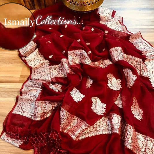 Carmine Banarasi Pure Khaddi Georgette Kadwa Saree