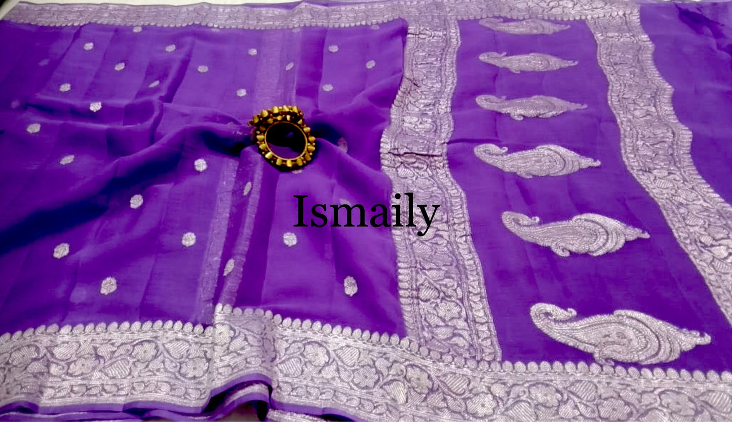 Purple Banarasi Pure Khaddi Georgette Kadwa Saree