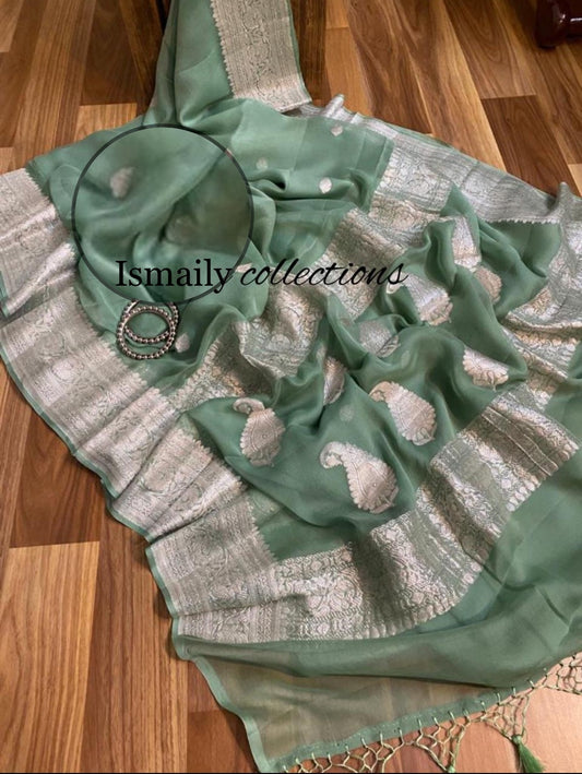 Dusty Banarasi Pure Khaddi Georgette Kadwa Saree