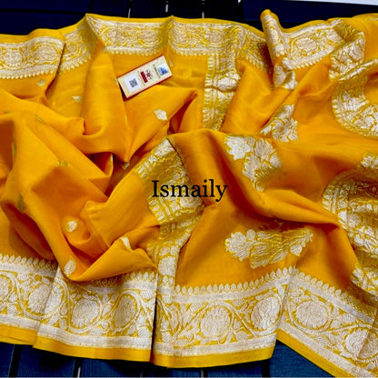 Gold Banarasi Pure Khaddi Georgette Kadwa Saree