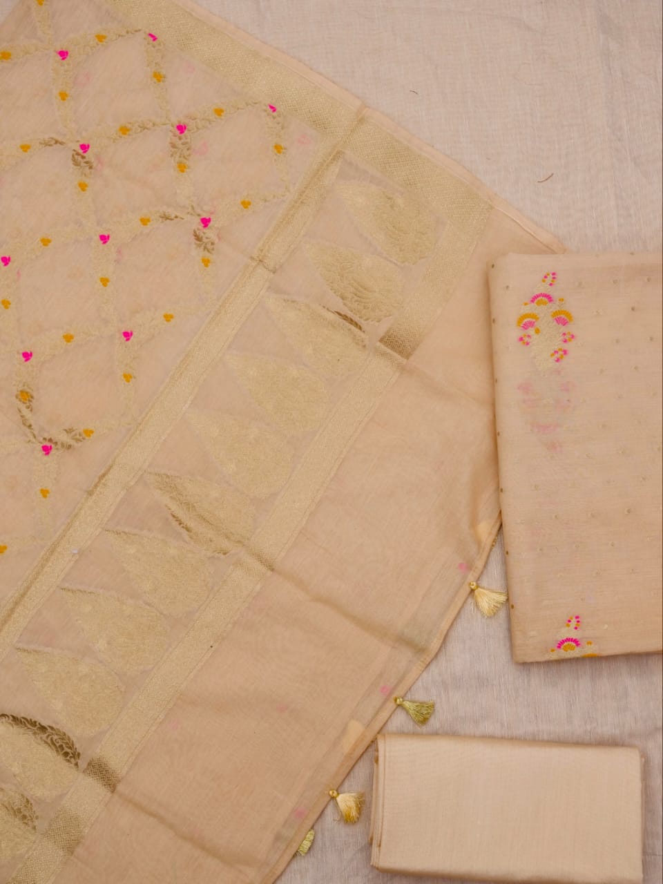 Beige Banarasi Premium Cotton Silk Jamdani Suits