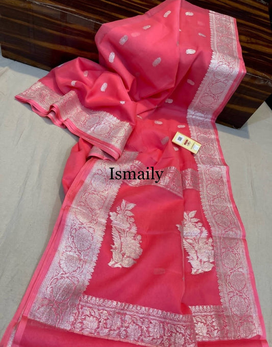 Cerise Banarasi Pure Khaddi Georgette Kadwa Saree