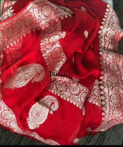 Crimson Banarasi Pure Khaddi Georgette Kadwa Saree