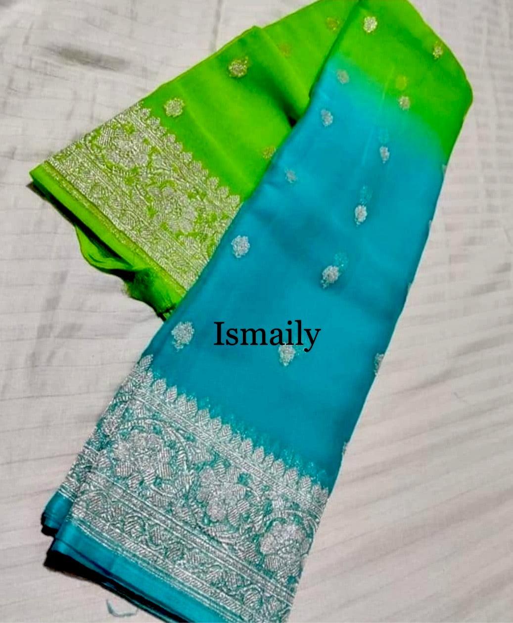 Turquoise Banarasi Pure Khaddi Georgette Kadwa Saree