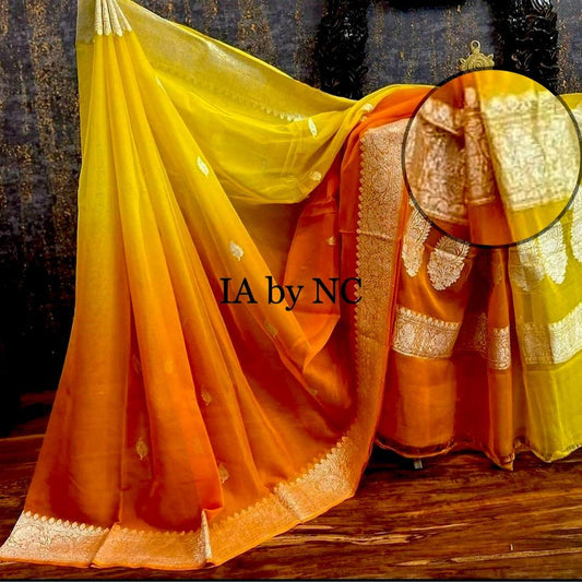 Pumpkin Banarasi Pure Khaddi Georgette Kadwa Saree