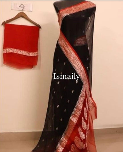 Black Banarasi Pure Khaddi Georgette Kadwa Saree