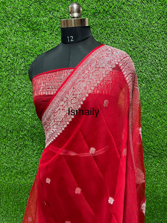 Crimson Banarasi Pure Khaddi Georgette Kadwa Saree