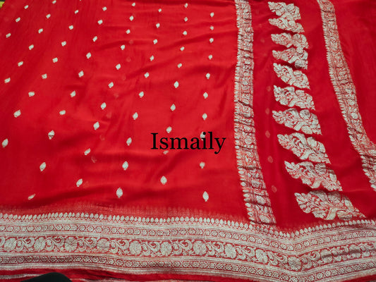 Crimson Banarasi Pure Khaddi Georgette Kadwa Saree